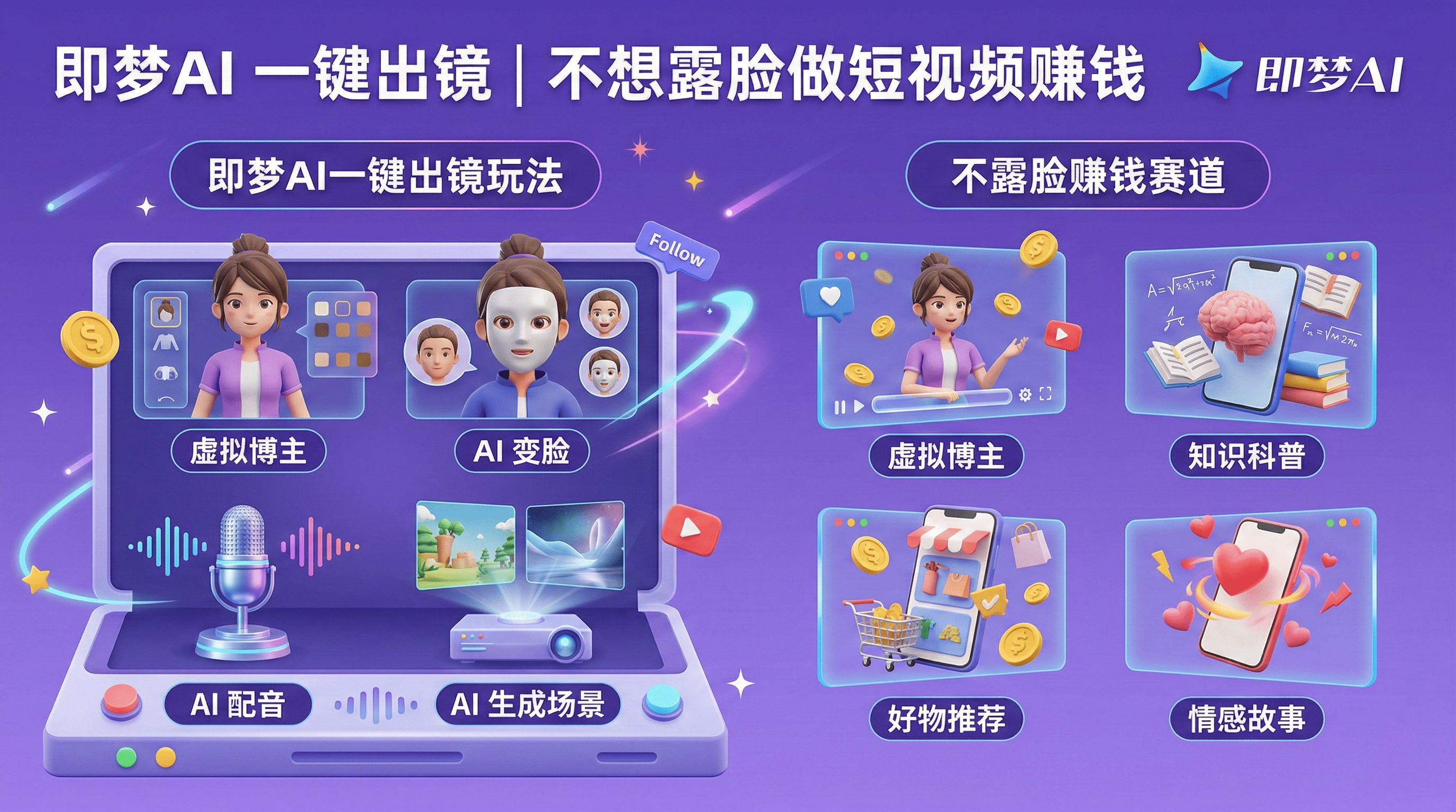 不想露脸怎么做短视频赚钱?即梦AI一键出镜玩法,打工人的低成本副业首选!