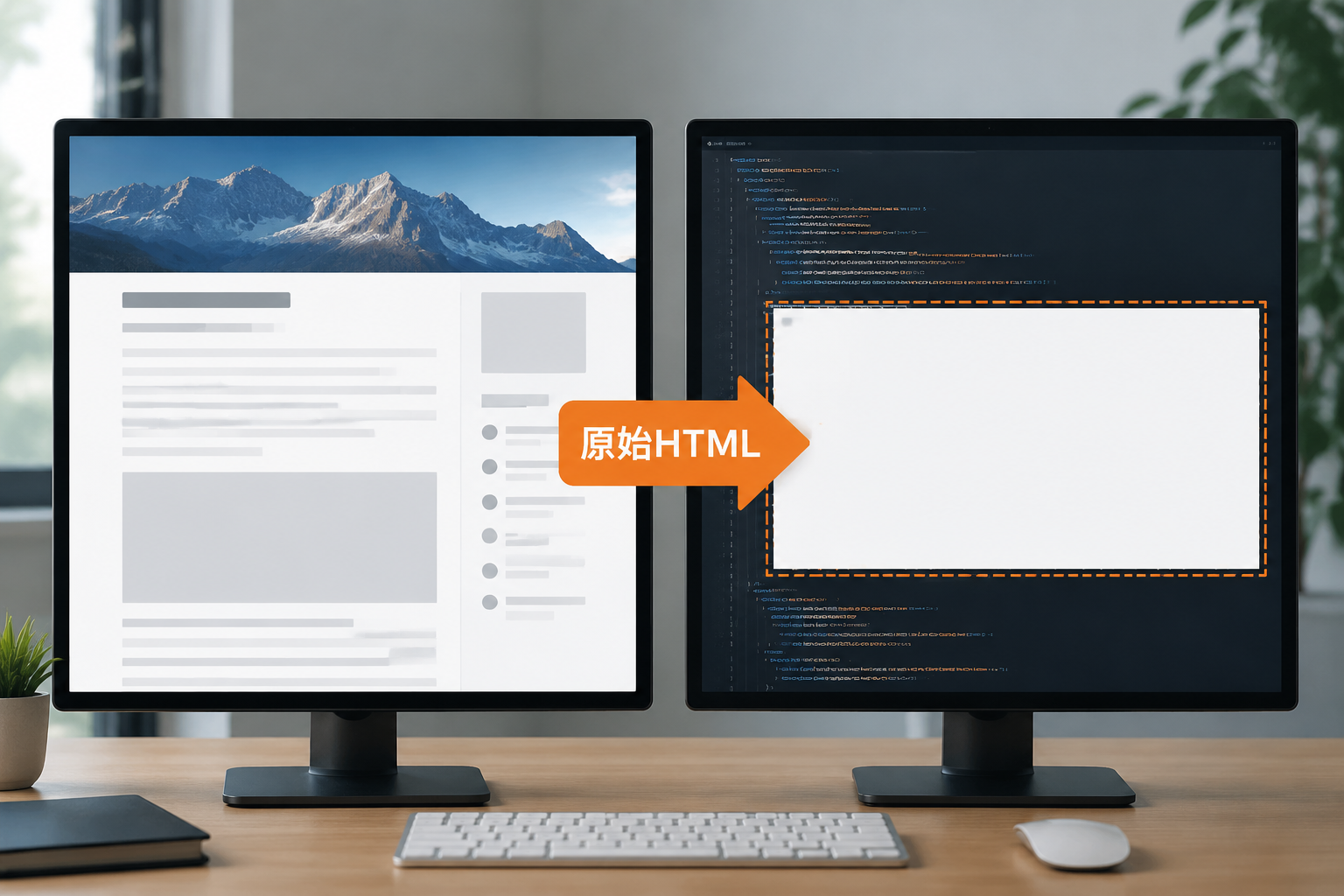 动态渲染网页与原始HTML代码对比示意图,标注AI爬虫抓取范围