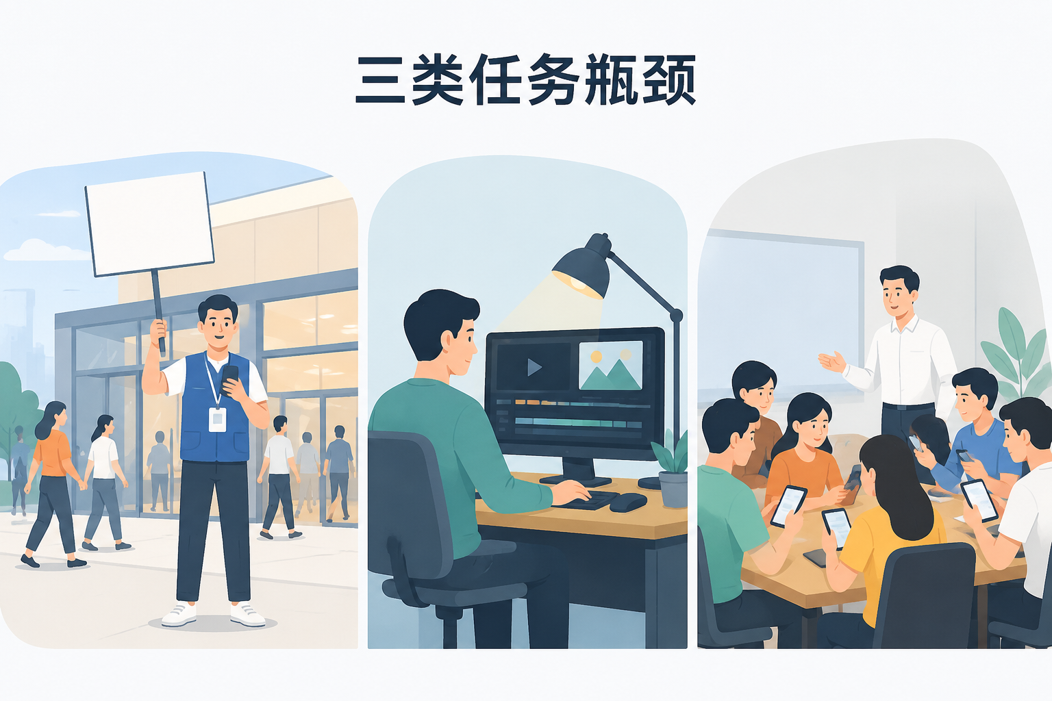 地推、网推、充场拉新三类APP推广任务的场景对比示意图