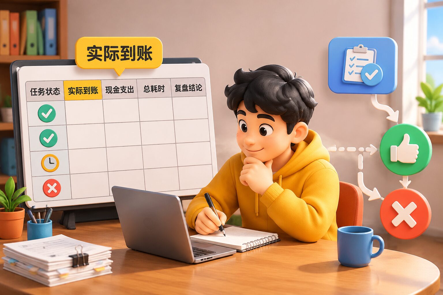 记录兼职任务实际到账、现金成本和耗时并进行复盘的流程示意