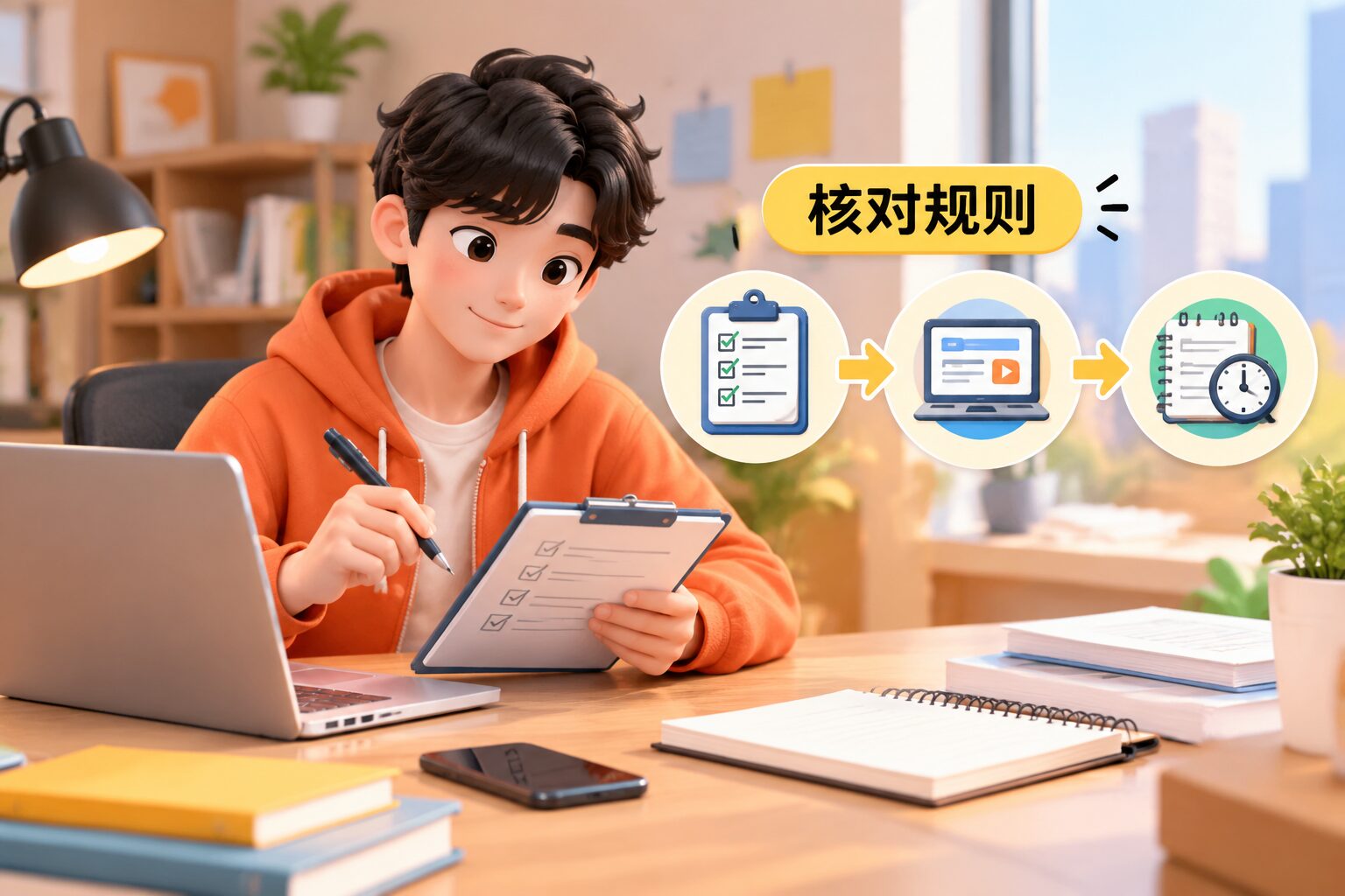 上班族下班后核对副业规则并记录首次执行反馈